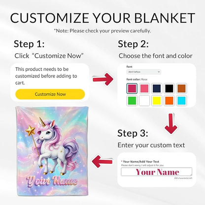 Custom Blanket for Kids - Unicorn Blanket for Girls 4-6 - Cute Toddler Gifts Throw for Crib, Lap