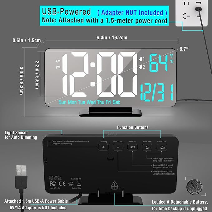 KOSUMOSU Digital Alarm Clock 6.7in Black Clock