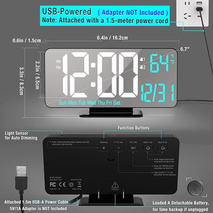 KOSUMOSU Digital Alarm Clock 6.7in Black Clock