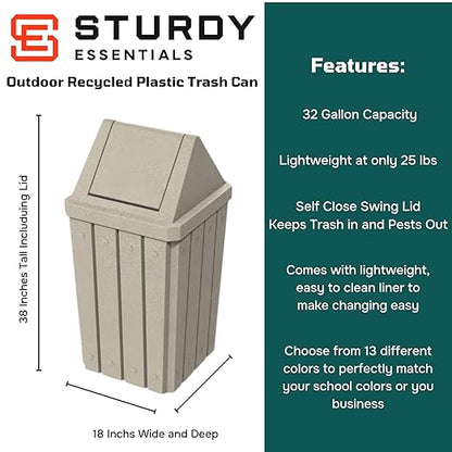 32 Gallon Square Slatted 100% Recycled Plastic Heavy Duty Outdoor Commercial Trash Can with Swing Top Lid | Great for Schools and Businesses - Beige Granite