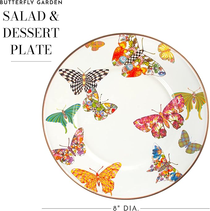 MACKENZIE-CHILDS Enamel Salad and Dessert Plate, Small Plate for a Dessert or Appetizer Dish, 8 Inches, Butterfly Garden