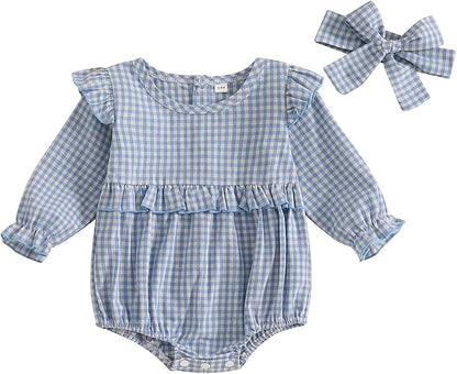 Karuedoo Newborn Baby Girl Clothes Gingham Plaid Bubble Romper Long Sleeve Ruffle Bodysuit with Headband Spring Fall Outfit