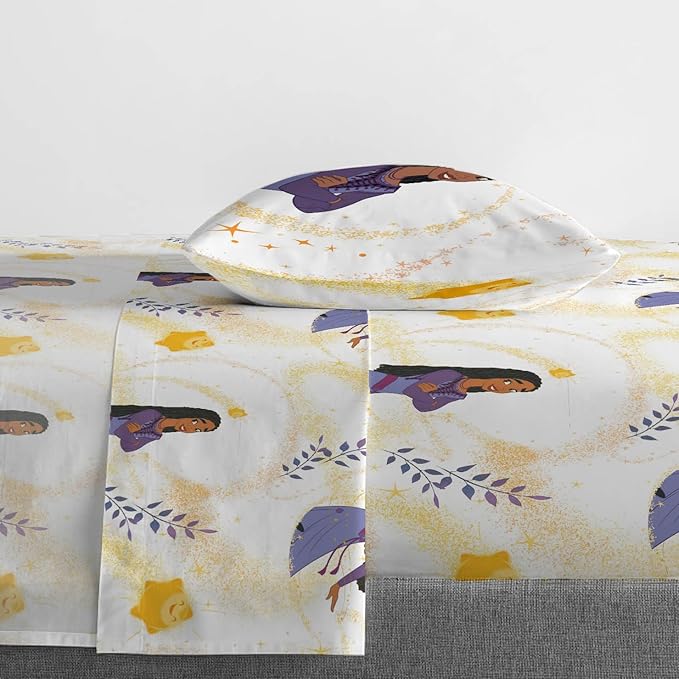 Jay Franco Disney Wish Twin Comforter Set - 5 Piece Bed Set Includes Sheet Set & Pillow Covers - Super Soft Kids Bedding Features Asha, Valentino & Star