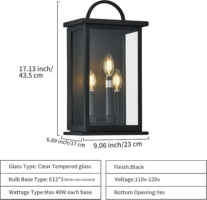 Outdoor Wall Light Fixture, 3 -Light in Black Rectangular Metal Frame and Clear