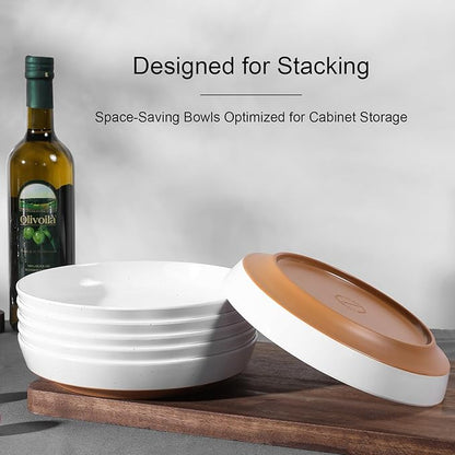 Webbylee 8.25" Melamine Deep Plates Set of 6-28oz Melamine Large Salad Bows，Serving Bowls for Cereal, Fruit, Soup，Deep Enough for Kitchen and Dining White/Brown