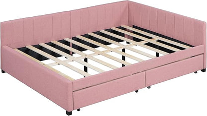Harper & Bright Designs Full Size Upholstered Daybed with 2 Storage Drawers Sofa Bed Frame for Boys Girls Kids Adults Toddler No Box Spring Needed, Linen Fabric (Pink)