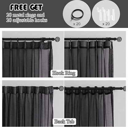Black Linen Look Pinch Pleated Sheer Curtains 108 Inches Long 2 Panels, 50 Inches Width, Rustic Textured Light Filtering Drapes, Dark Moody Floor to Ceiling Window Curtain with Hooks