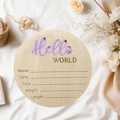Baby Announcement Sign, 5.9 Inch Wooden Hello World Newborn Signs, Birth Announcement Sign, Baby Shower Hospital Nursery for Newborn Boys and Girls… (Purple)