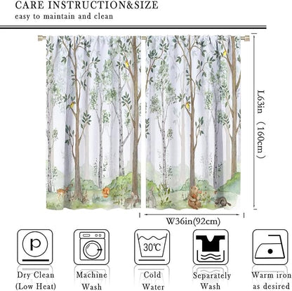 Kids Animal Curtains, Watercolor Natural Forest Animal Hedgehog Fox Butterfly Rabbits Forest Print Curtain Boys and Girl Bedrooms 72x63in
