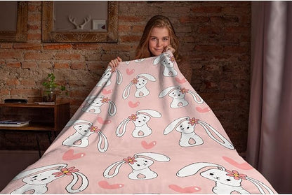 Thuswarm Cute Bunny Pink Flannel Throw Blanket Gifts Warm Cozy Soft Funny Print Blankets for Summer Room Decoration Bed Couch Sofa 50”×40” Small for Kid