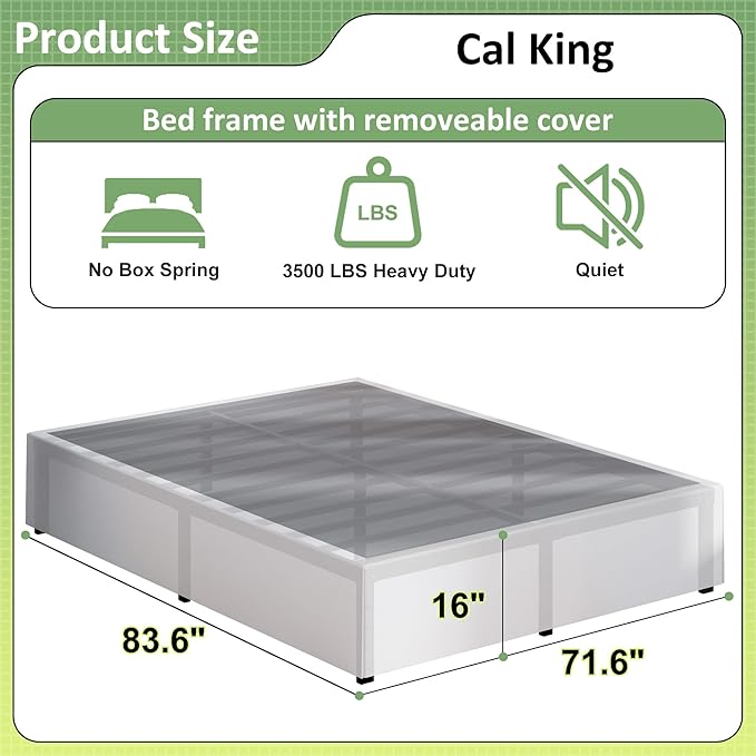 16 Inch Cal King Bed Frame with White Skirt Cover, Metal California King Bed Frames with Storage, No Box Spring Needed, Heavy Duty, Easy Assembly, Noise Free, Mattress Foundation