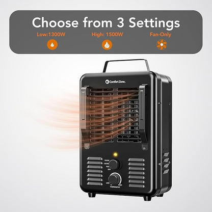 Comfort Zone Electric Portable Milkhouse Style Utility Space Heater with Adjustable Thermostat, Overheat Protection, and Safety Tip-Over Switch, Ideal for Garage or Greenhouse, 1,500W, CZ798BK