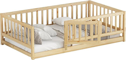 Twin Size Floor Bed Frame with Door and Slats,Montessori Floor Bed with Safety Guardrails for Girls Boys,Solid Wood Kids Montessori Bed Twin Size,Natural