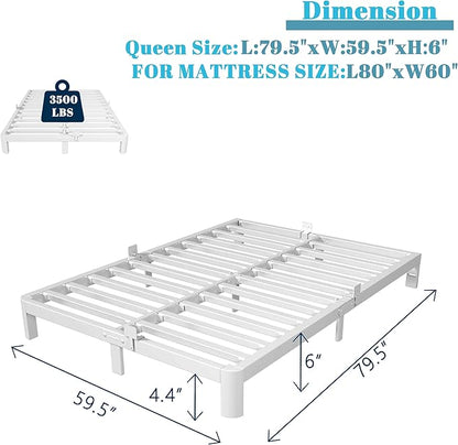 Queen Bed Frame 6 Inch White, Metal Bed Frame Queen Size with Gaskets, No Box Spring Need, Heavy Duty Steel Platform Support, Round Corner Design, Noiseless, Easy Assembly