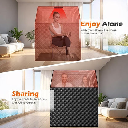 Smartmak 2 Person Portable Steam Infrared Sauna Box with 660nm Red Light Therapy Lamp for Home Relaxation, 4 L 1500W Steamer Extra Large Full Body Saunas Spa Tent, Remote Control, 2 Folding Chairs