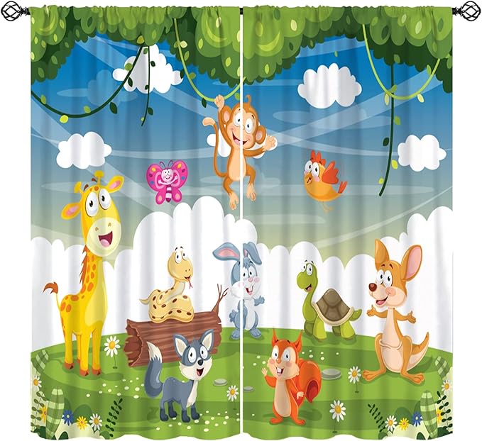 Animal Curtains, Cartoon Cute Woodland Jungle Forest Animals Pattern Blackout Window Treatments, Rod Pocket Thermal Insulated Drapes 2 Panel Sets for Kids Nursery Bedroom Classroom, 84" W X 84" L