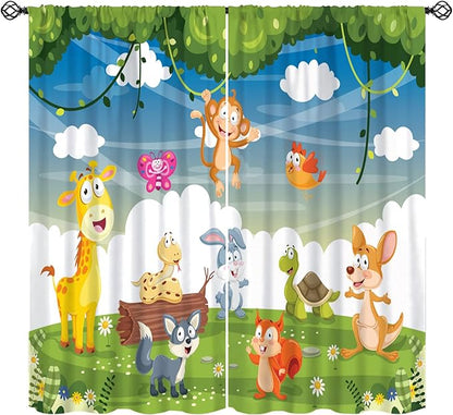 Animal Curtains, Cartoon Cute Woodland Jungle Forest Animals Pattern Blackout Window Treatments, Rod Pocket Thermal Insulated Drapes 2 Panel Sets for Kids Nursery Bedroom Classroom, 84" W X 84" L