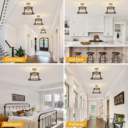 Modern Black and Brushed Gold Semi Flush Mount Ceiling Light, 3 Lights