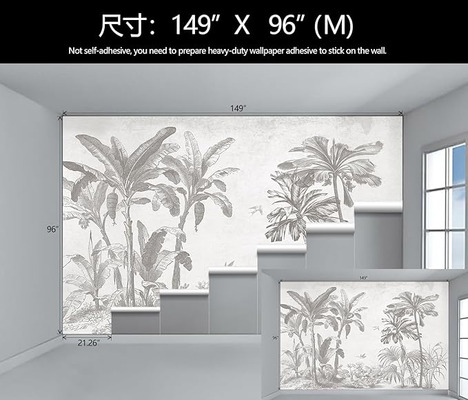 Gray Jungle Landscape Wallpaper Mural Tropical Banana Leaf Wall Mural (Not Peel and Stick)