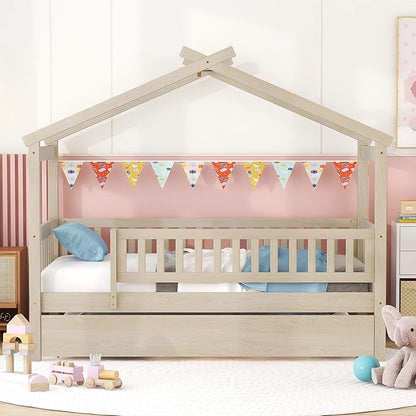 Harper & Bright Designs Twin House Bed with Trundle, Kids Platform Frame Rails and Roof, Tent Bed, Wood Playhouse Montessori for Teens Girls Boys, No Box Spring Needed (Natural)