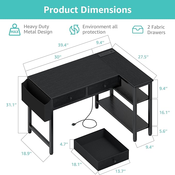 DLisiting Black Corner Desk for Small Space with Drawers, Reversible Gaming L Shaped Computer Desk with Storage Shelves for Kids Boys, Corner Work Study PC Desks for Bedroom