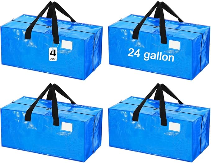 4 Pcs 24 Gallon Large Moving Bags with Zipper and Handles Foldable Storage Duffle Bags Heavy Duty Extra Large Totes for College Dorm Travel Clothes Blankets Bedding Moving (Blue)