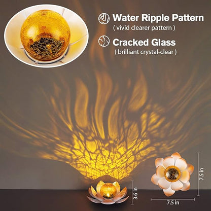 Garden Solar Lights Outdoor(2Pack) , Amber Crackle Globe Glass Lotus Decoration , Waterproof Orange Metal LED Flower Lights for Patio,Lawn,Walkway,Tabletop,Ground, Garden Gifts for Women