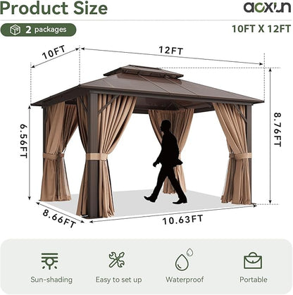 Aoxun 12'x10' Hardtop Gazebo, Aluminum Frame Permanent Pavilion with Curtains and Netting, Outdoor Polycarbonate Double Roof Canopy, Designed for Garden, Lawns, Patio, Brown