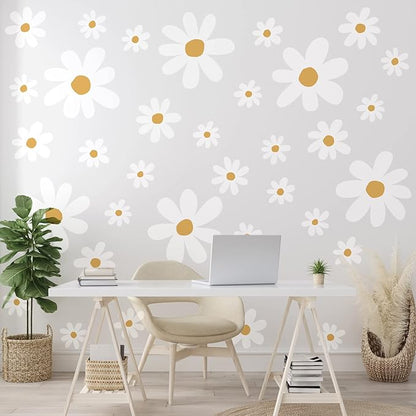 TaoBary 12 Sheets Daisy Wall Decal Flower Wall Sticker Cute Daisy Sticker Pink White Flower Decal Peel and Stick Floral Wallpaper for Nursery Bedroom Home Decor(White, Yellow,Cute Style)