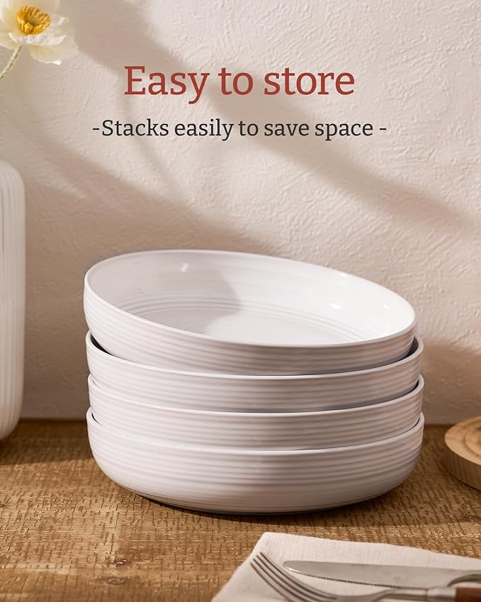 famiware Milkyway 33 oz Bowl Set, Pasta Bowls Set of 4, Salad Bowls, Double Reactive Glaze, Sturdy & Stackable, Ideal for Housewarming, Festivals, White Thread