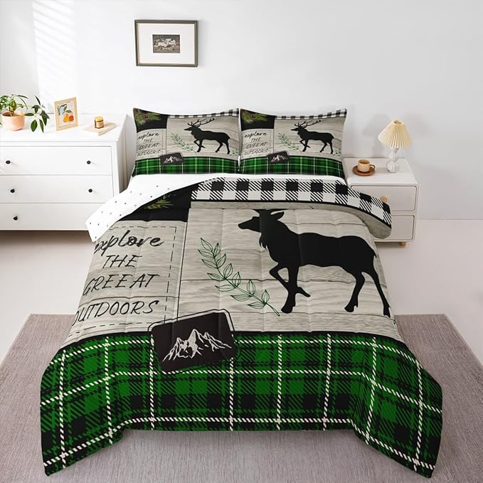 Elk Silhouette Kids Comforter Set Queen Size,Palm Leaves Old Plank Bedding,Girls Boys Adults Bedroom/Xmas Cabin Decor,Camper Explore Down Comforter,Geometric Grids Plaid Duvet Insert,2 Pillowcases
