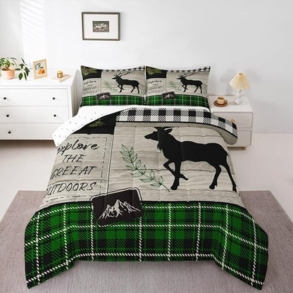 Elk Silhouette Kids Comforter Set Queen Size,Palm Leaves Old Plank Bedding,Girls Boys Adults Bedroom/Xmas Cabin Decor,Camper Explore Down Comforter,Geometric Grids Plaid Duvet Insert,2 Pillowcases