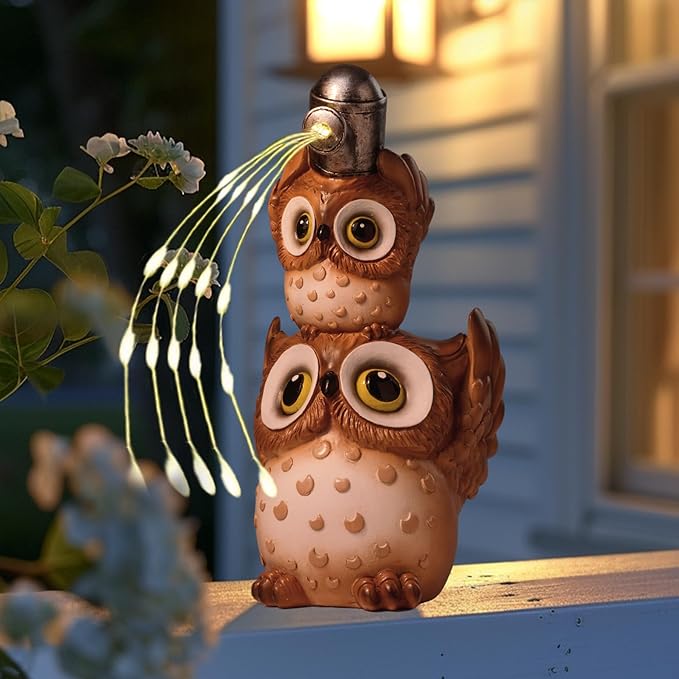 Solar Garden Statues Outdoor Decor, Watering Owl Statue Garden Decor, Resin Yard Decorations Outdoor for Patio, Porch, Balcony, Lawn Ornaments, House Warming Birthday Gifts for Mom Women Grandma