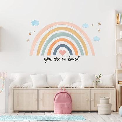 Containlol Rainbow Wall Decals, Playroom Wall Decor for Girl Room, Watercolor Peel and Stick Wallpaper, Boho Wallpaper 30 x 14 Inch Heart Art Stickers for Toddler Bedroom Nursery(Blue Pink,Cute)