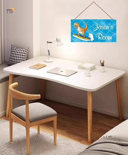 Personalized Dinosaur Sign Surf Riding Art Decor For Kids Room Custom Name Door Wall Decor, Floral Nursery Art For Boys Room Baby Bedroom Girls Cave, 5*10inch Tin Wood Wall Mount Sign