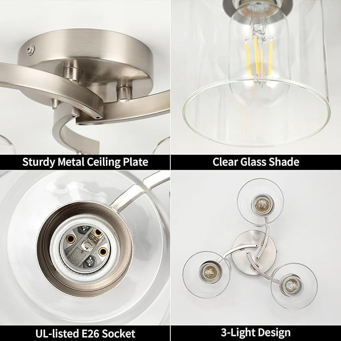 WILON Semi Flush Mount Ceiling Light Fixture, 3-Light Brushed Nickel Light