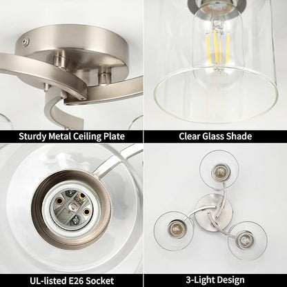 WILON Semi Flush Mount Ceiling Light Fixture, 3-Light Brushed Nickel Light