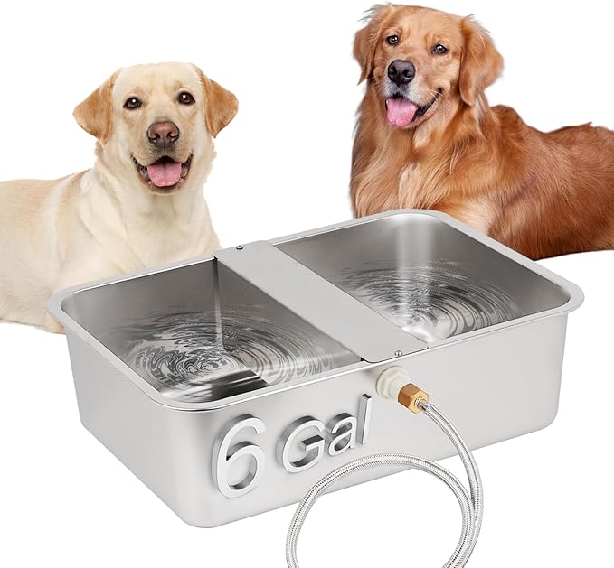 6 Gallon XL Large Automatic Dog Water Bowl Dispenser, Stainless Steel Outdoor Pet Waterer Auto Fill Dog Waterer for Large Breed (19.3" X 13.7")