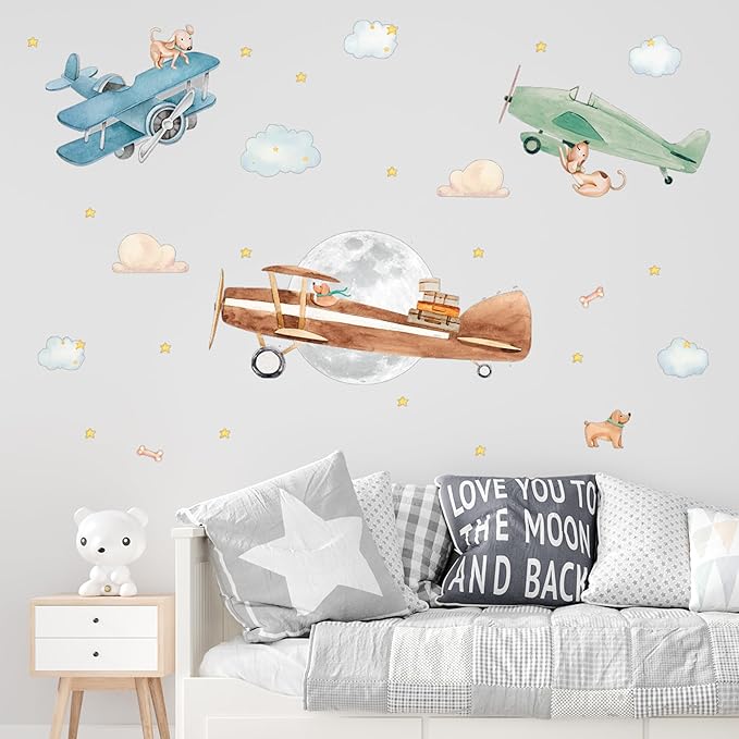 Airplane Wall Decals by Lipastick - Wall Decals for Boys Bedroom, Watercolor Vintage Plane Stickers for Kids, Boys Room, Baby Nursery, Toddler Decor - Premium Vinyl Aircraft Art