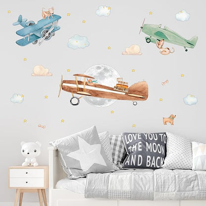 Airplane Wall Decals by Lipastick - Wall Decals for Boys Bedroom, Watercolor Vintage Plane Stickers for Kids, Boys Room, Baby Nursery, Toddler Decor - Premium Vinyl Aircraft Art