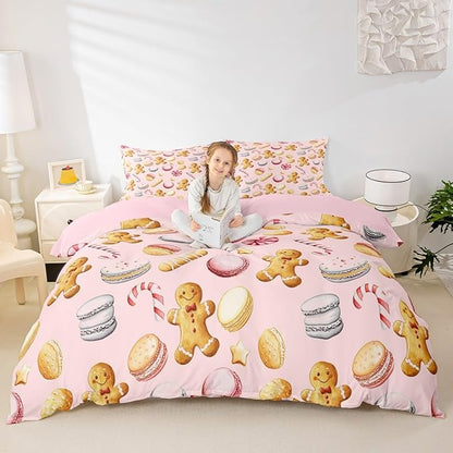 Feelyou Christmas Duvet Cover King Size Cute Christmas Gingerbread Man Comforter Cover for Boys Girls Xmas Sweet Macarons Bedding Set 3Pcs Reversible Pink Room Decor