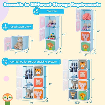 Costzon Kids Closet, Cartoon DIY Modular Dresser Storage Organizer with 8 Cubes & Clothes Hanging Rack, Portable Armoire for Baby Toddlers, Kids Wardrobe for Bedroom Nursery, Blue
