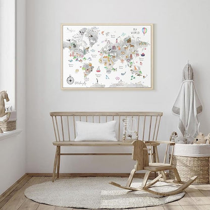 Grey Kids World Map Wall Art Animal Map Canvas Wall Art Nursery Wall Decor World Map Poster Childrens Room Decor Playroom Prints Educational Artwork 16x24 Inch Framed