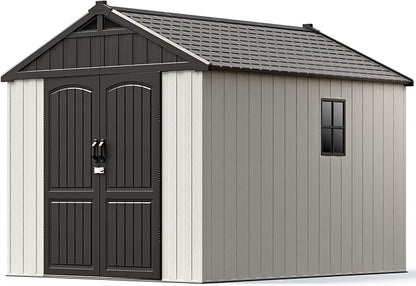 Patiowell 8 x 10 FT Resin Outdoor Storage Shed with Floor, Plastic Shed with Window and Lockable Door for Garden, Backyard, Tool Storage Use, Easy to Install in Beige (Kick-it Shed)