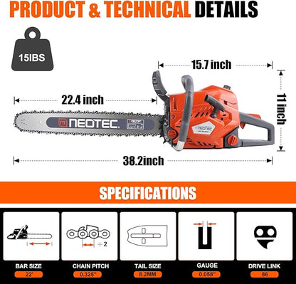68CC Gas Powered Chainsaw, 22 Inch Chainsaw, 2-Cycle Cordless Handheld Petrol Gasoline Chain Saw for Tree Felling, Forestry Logging, Backyard Storm Cleanup, Farm Wood Cutting