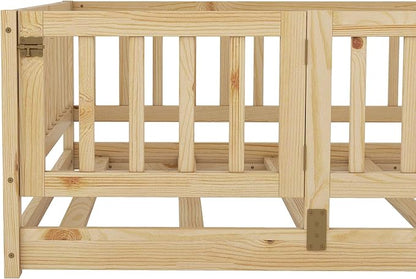 Full Size Floor Bed Frame with Door and Slats,Montessori Floor Bed with Safety Guardrails for Girls Boys,Solid Wood Kids Montessori Bed Full Size,Natural