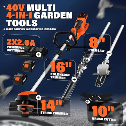 MAXLANDER 40V Weed Wacker Cordless, String Trimmer/Edger, Pole Saw, Hedge Trimmer and Brush Cutter, 4-in-1 Multi-Tool Kit with 2X20V 4.0Ah Battery and Charger