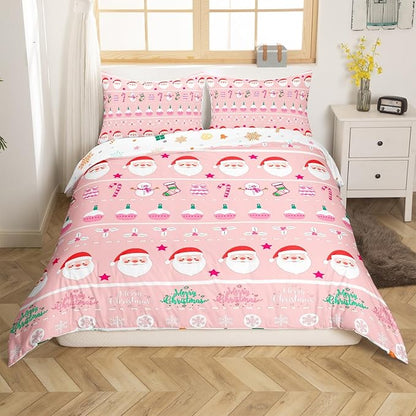 Feelyou Merry Christmas Decorative Pink Comforter Cover Twin Size Xmas Cartoon Santa Claus Snowmen Duvet Cover Winter New Year Bedding Set Gifts for Kids Boys Girls 1 Pillow Case