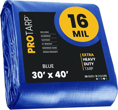 PROTARP Extra Heavy Duty 16 Mil Tarp Cover, Waterproof, UV Resistant, Rip and Tear Proof, Poly Tarpaulin with Reinforced Edges for Roof, Camping, Patio, Pool, Boat. (Blue 30′ X 40′)