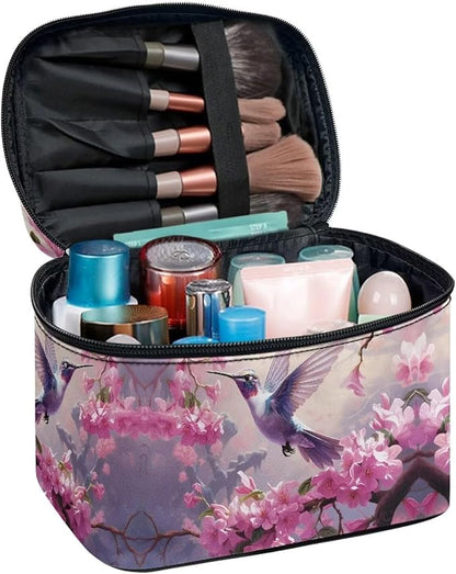 Hummingbird and Pink Flowers Print Travel Makeup Bags for Women Portable Tote Cosmetic Case with Carry Handle Toiletry Accessories Storage Organizer Bags